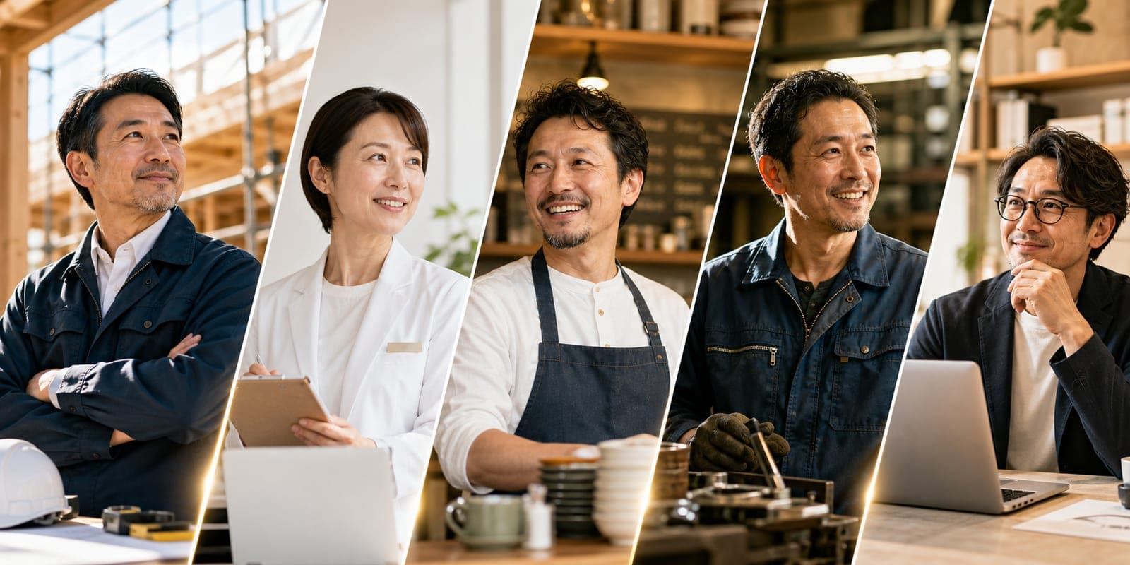 複数の中小企業経営者と働く人が並ぶファーストビュー