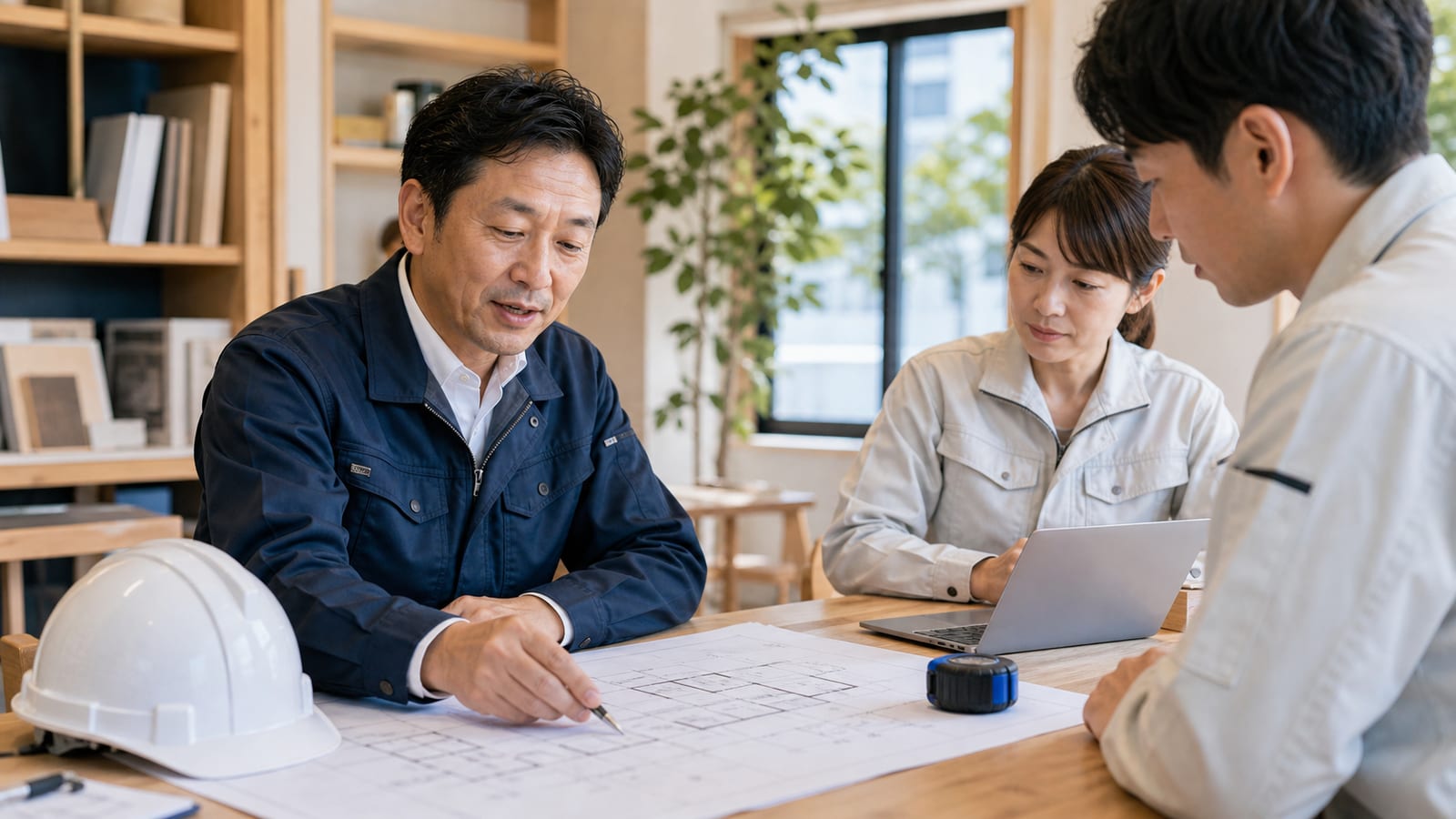 会社メンバーと図面を見ながら打ち合わせる株式会社山路建設の代表