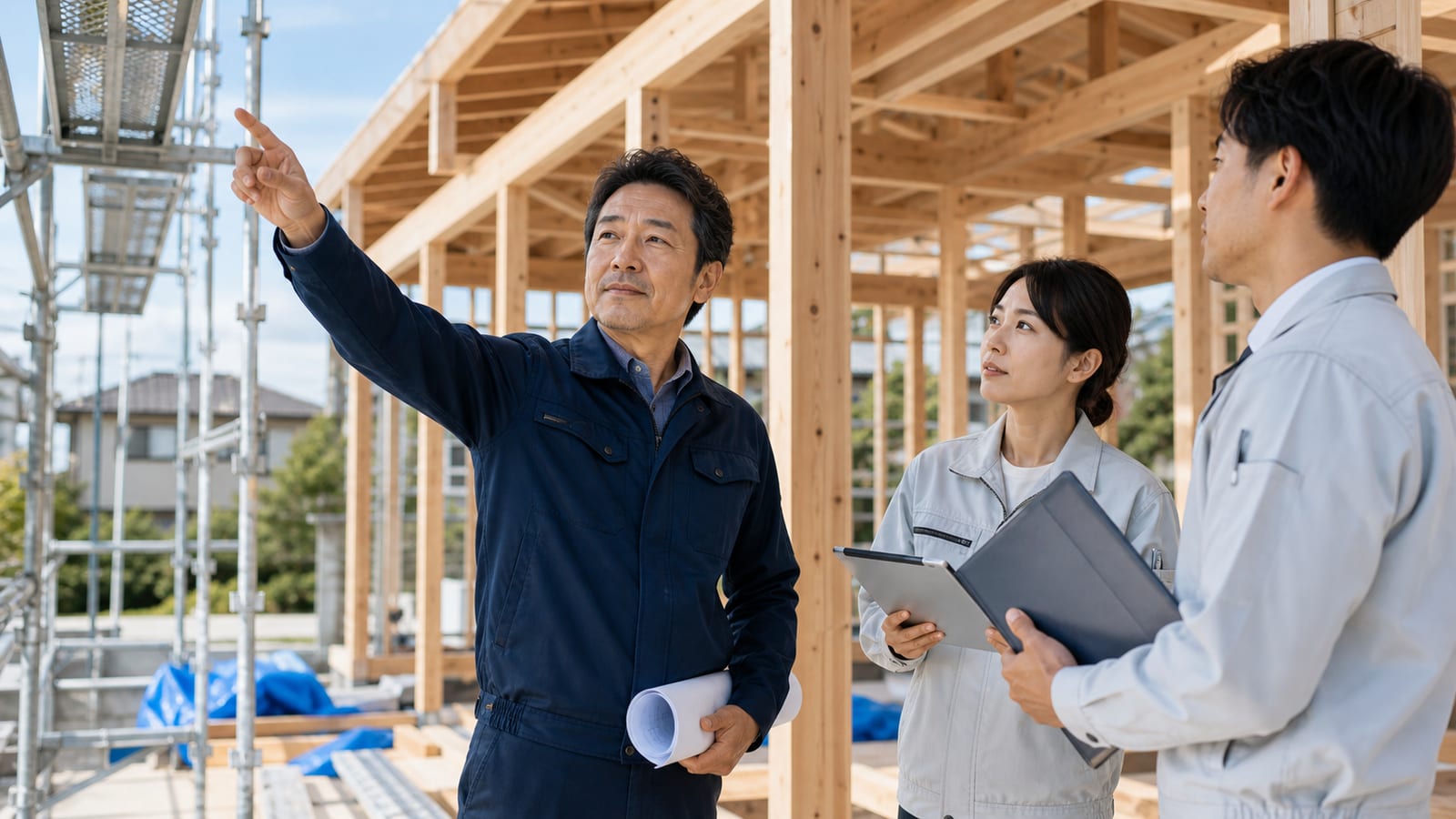 建築現場で会社メンバーと仕事の進め方を確認する株式会社山路建設の代表